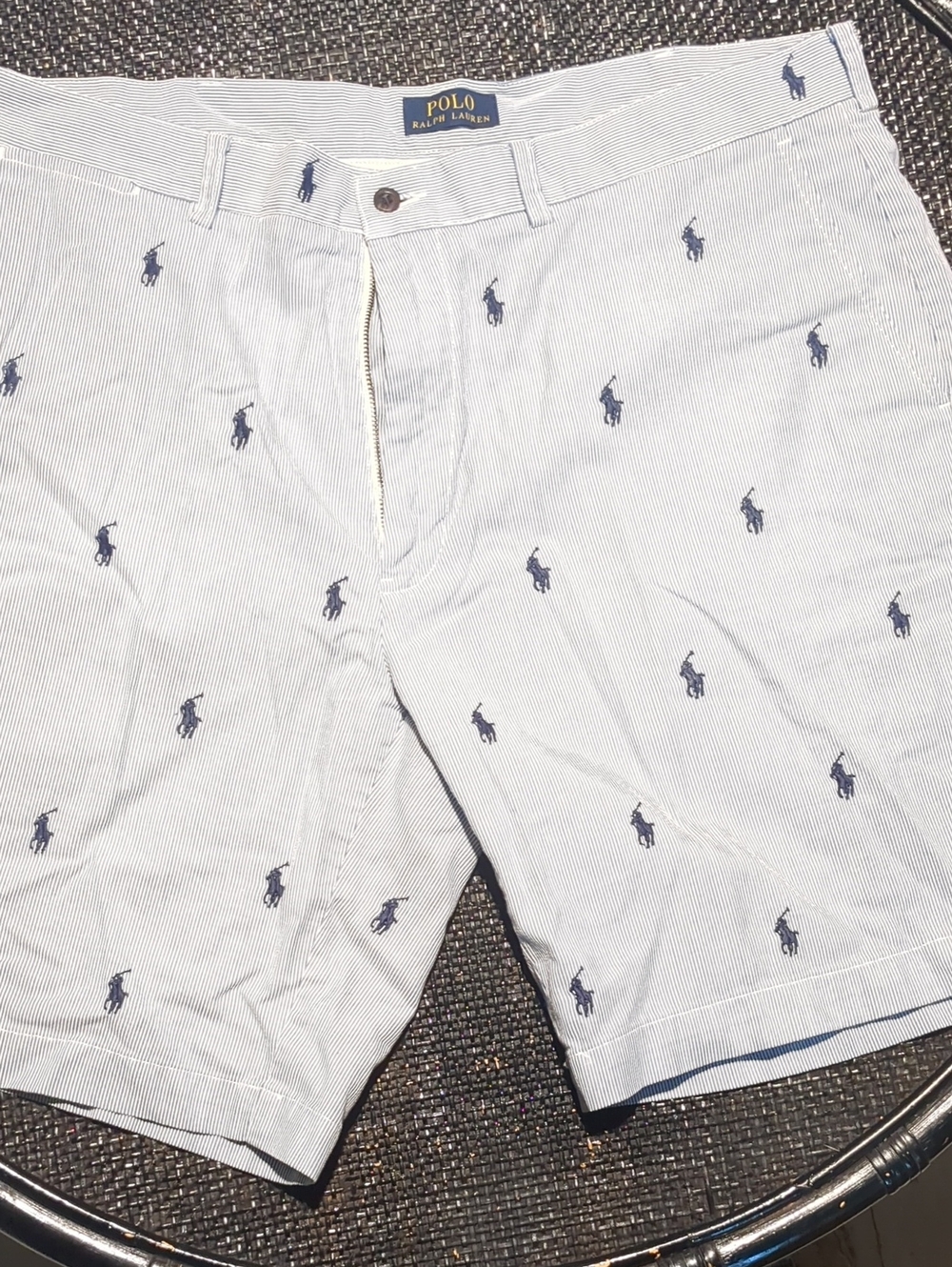 Polo by Ralph Lauren Blue Seersuck Shorts with Navy Embroidered Polo Player